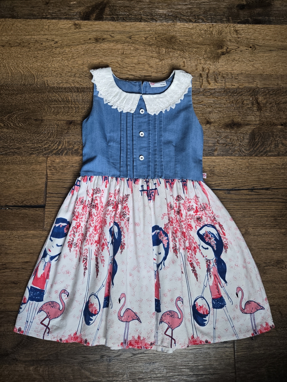 Peppermint Denim-Style Blue Bodice Cream Skirt Pink Flamingo & Floral Dress